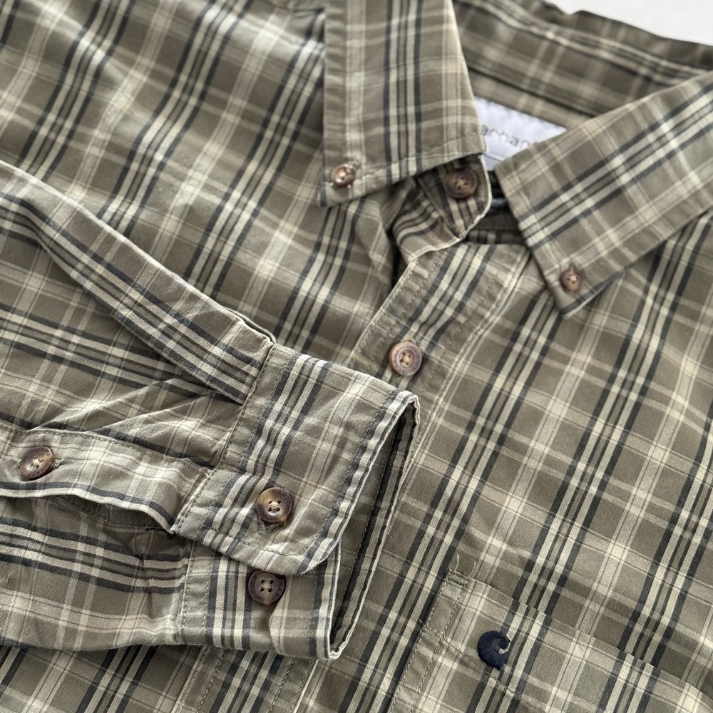 Carhartt Men's M Olive Gray Plaid 100% Cotton Button Down Shirt